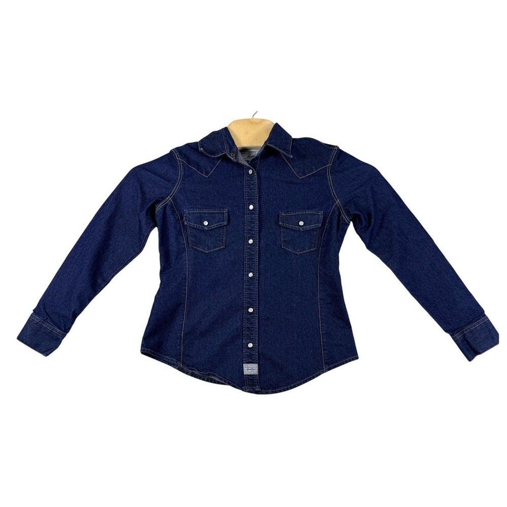 Levi Strauss‎ Signature Womens Denim Western Pearl Snap Shirt Dark Wash Small